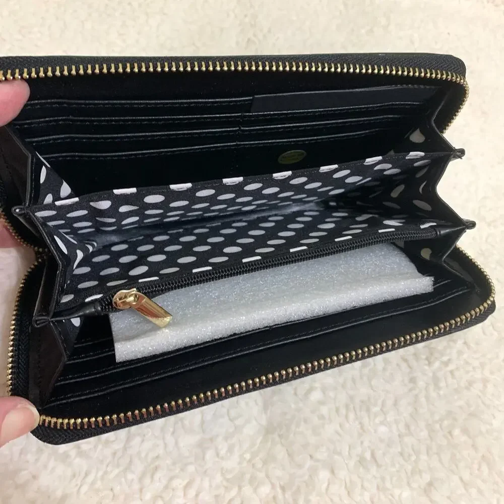 Black Wavy Texture Striated Patent Leather Zip Around Continental Clutch Wallet